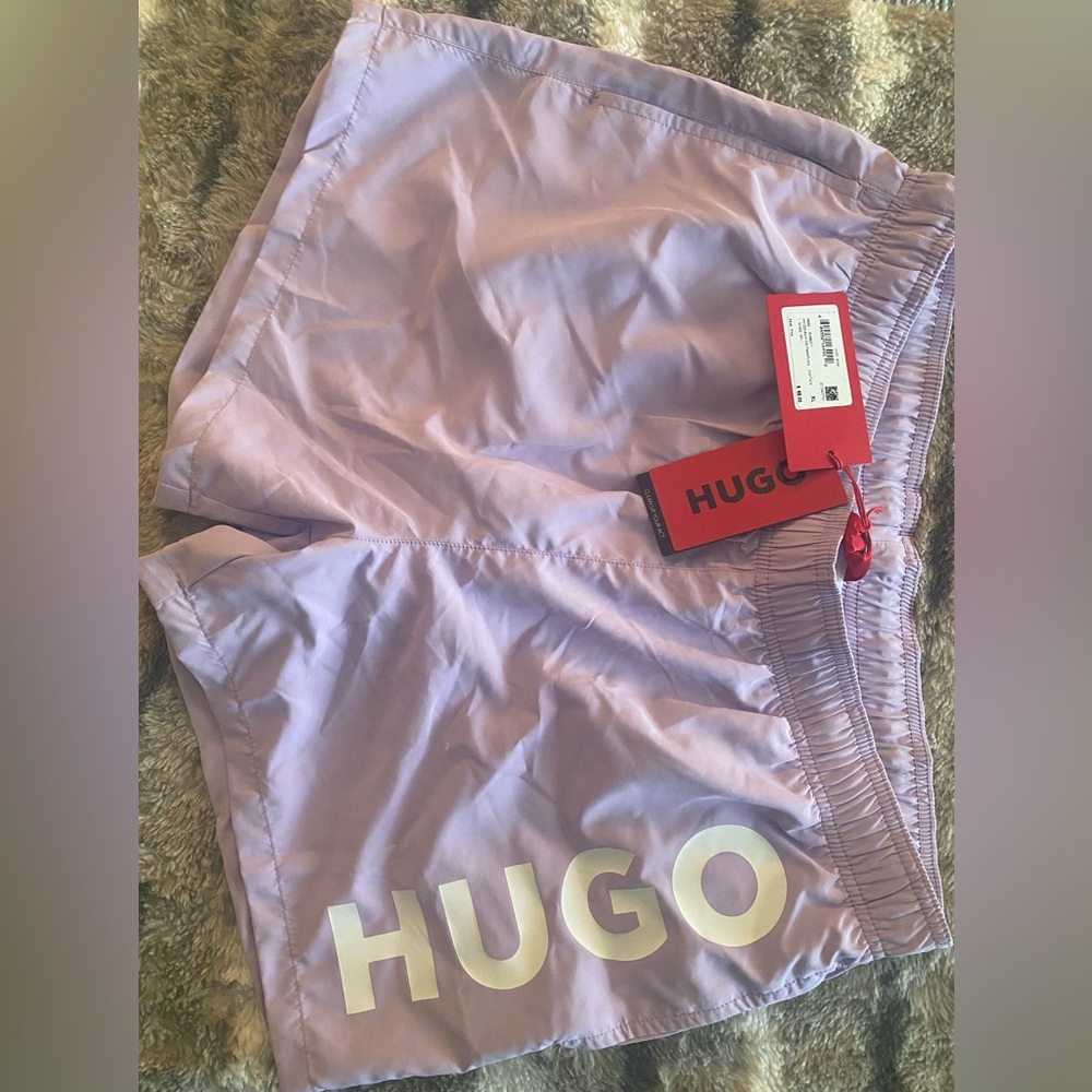 NWT HUGO RECYCLED-MATERIAL SWIM SHORTS
WITH LOGO PRINT